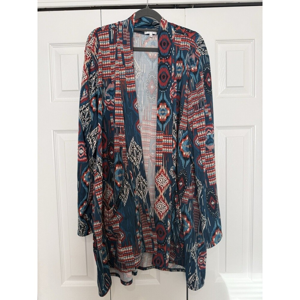 KIYONNA Plus Size Open Front Cardigan Pockets Size 3 Aztec Teal Red